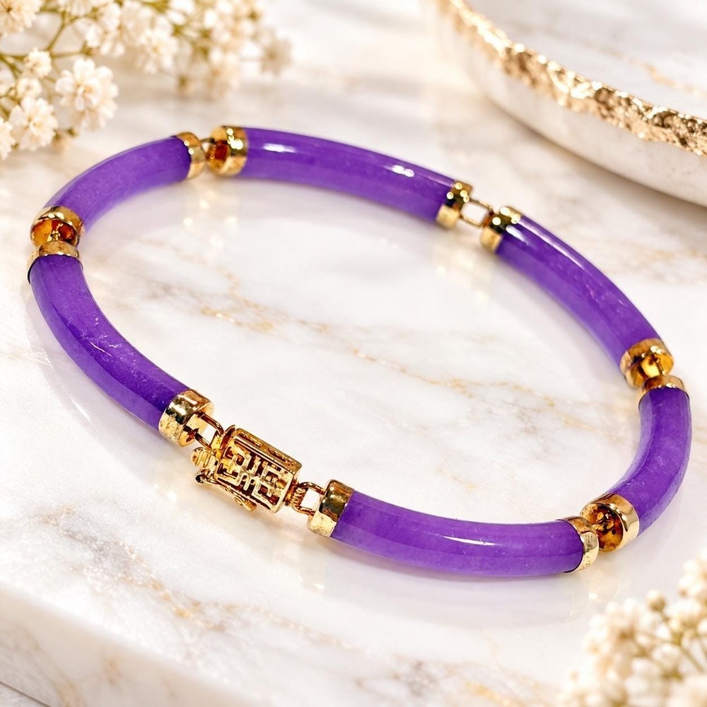 Vintage 14k Gold Purple Jade Link Gemstone Bracelet Luxury Zen Aethstic